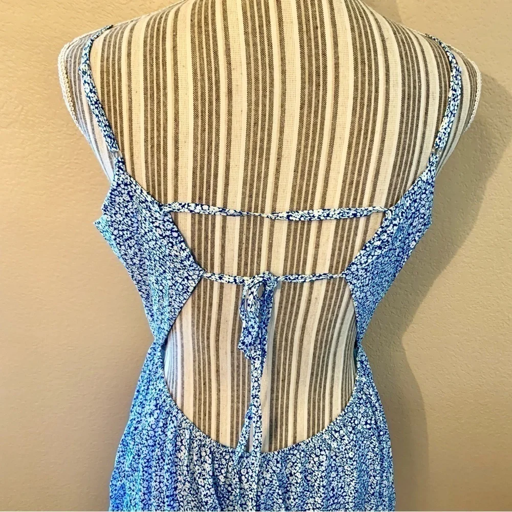 NWT Million Colors Mini Dress Large Blue White Ditzy Floral Straps Open Back